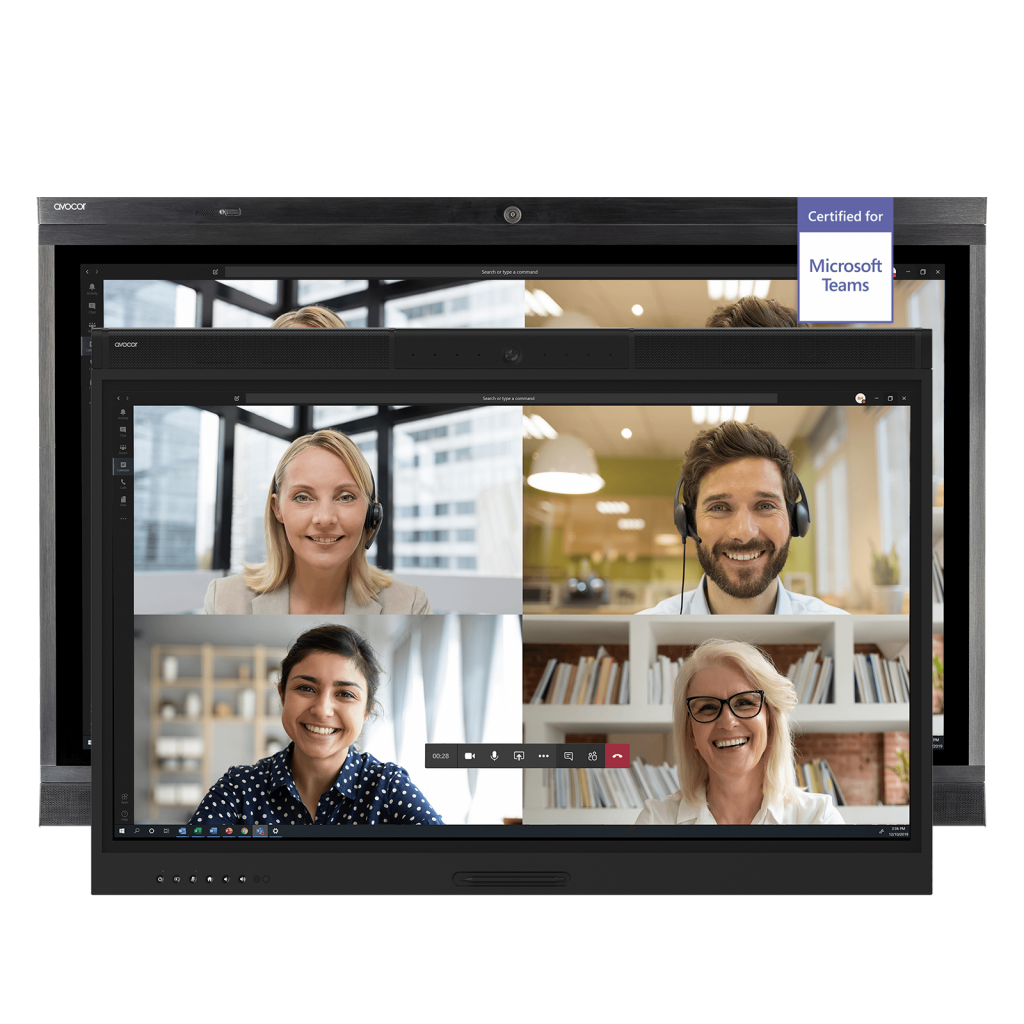 Avocor W series stacked showing the difference in sizes of the screens, on the front screen it shows four people that are on a conference call. this image shows that the Avocor W series is Microsoft Certified