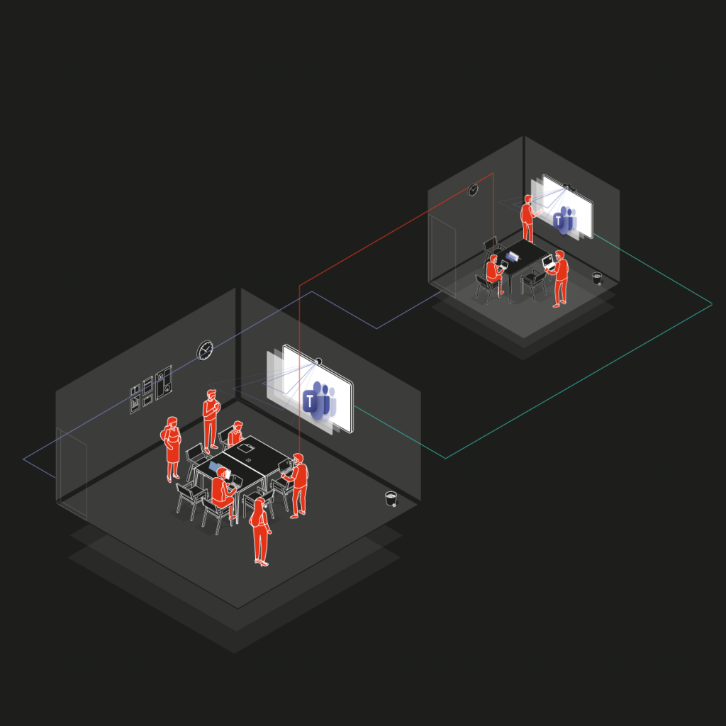 A animation of two Microsoft teams rooms connecting, with red animated characters in each room, with lines to show the connection through the Microsoft collaboration equipment in each room, made up by screens mounted to the wall, control panel, laptops, microphones and speakers