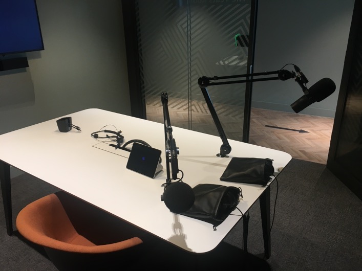 image of a microphone in a podcast studio